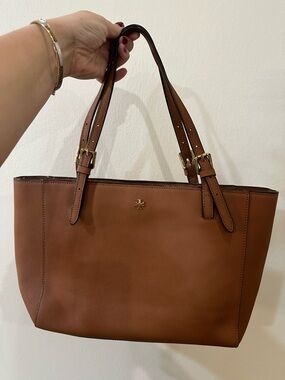 Tory Burch Brown York Buckle Tote Leather Hand Bag Work Bag Pre Owned